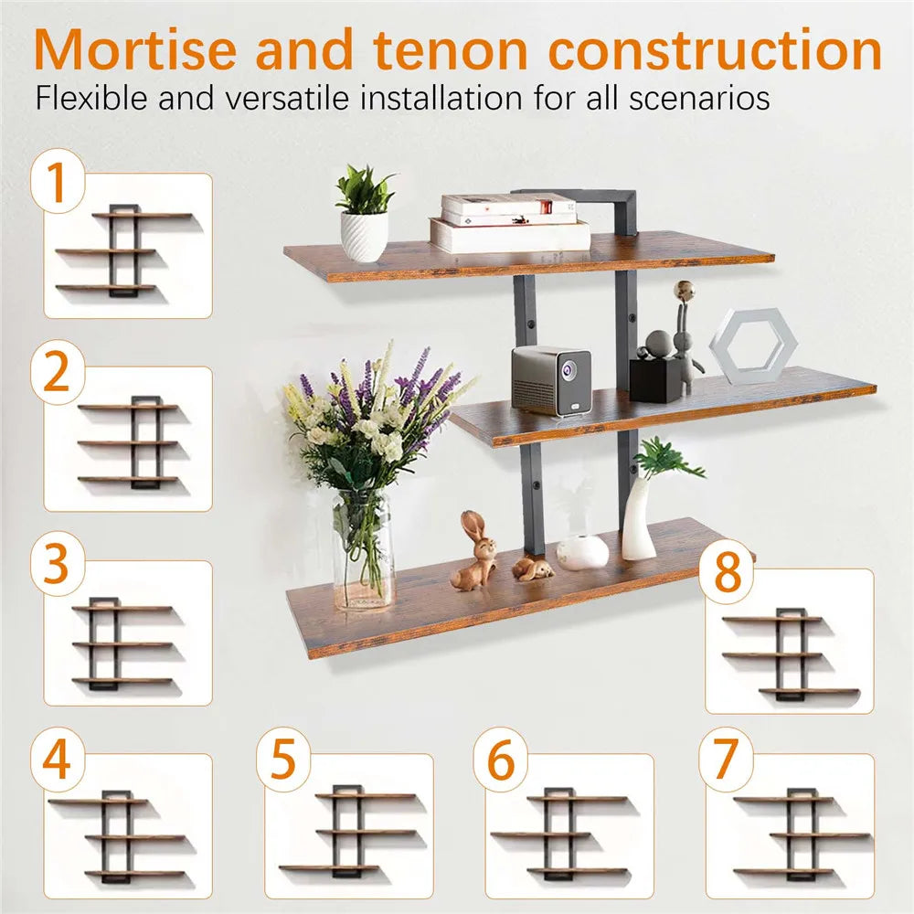 Retro Wooden Wall Shelves 3-tier Floating Shelf for Plants Decor Home Living Room Kitchen Bedroom Wall Mounted Display Rack