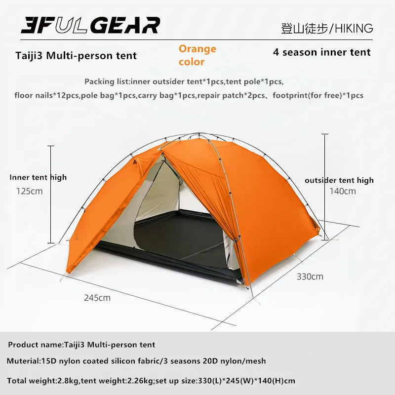 3F UL Gear Taiji3 Ultralight Tent 3/4 Season Portable Backpacking Tent for Multi person Double Layer Tent for Camping, Climbing