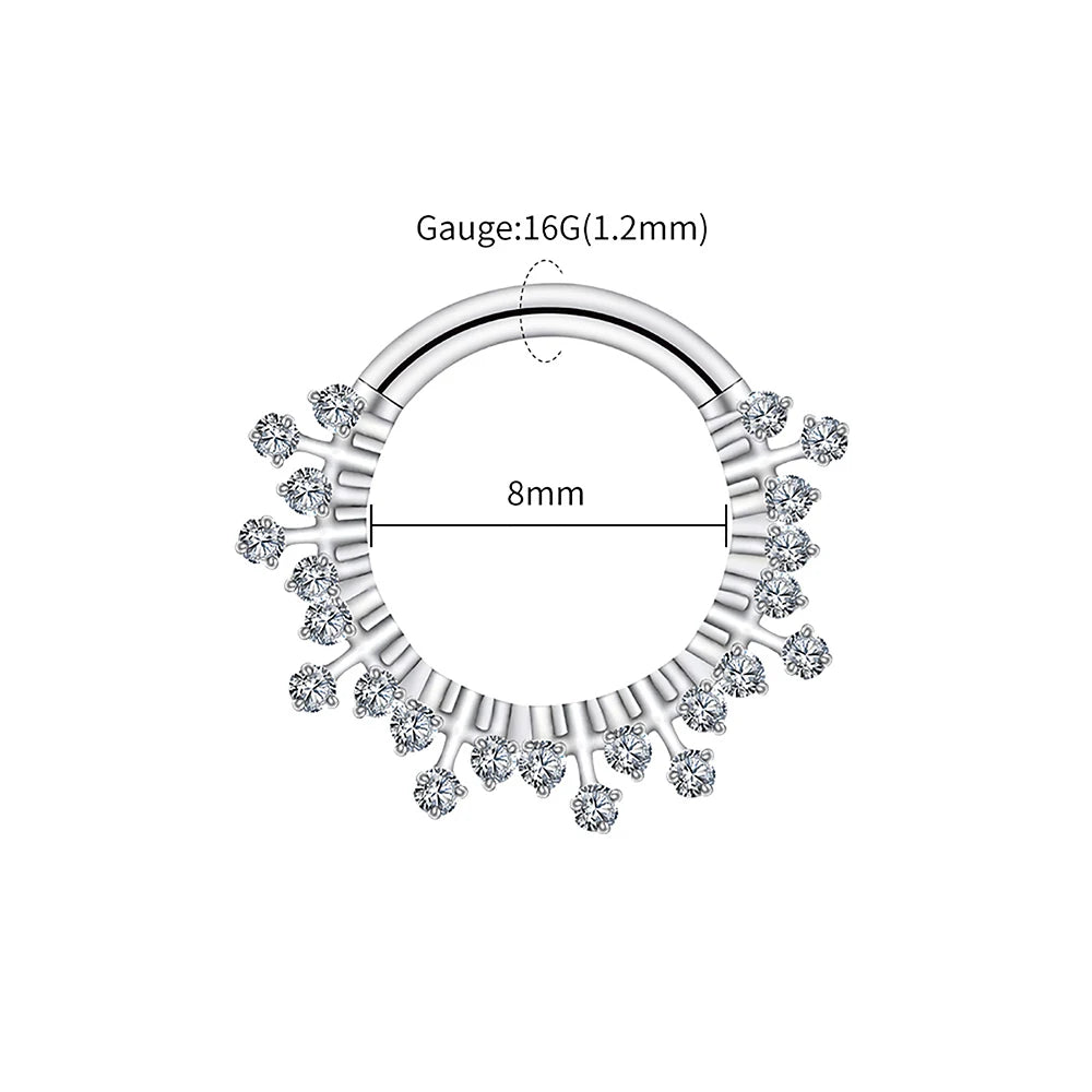 Right Grand ASTM F136 Titanium 16G CZ Hinged Clicker Segment Hoop Ring Sunburst CZ Daith Earring Septem Nose Piercing Jewelry