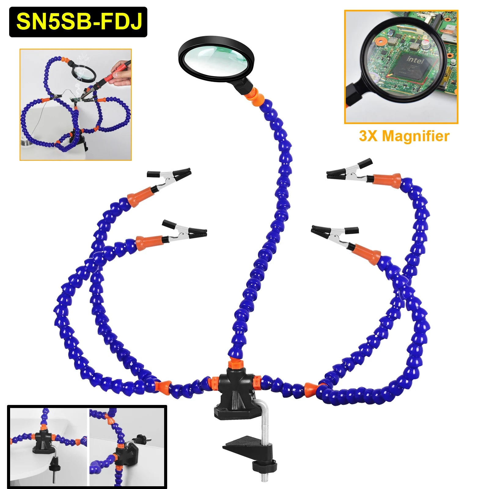 Toolour Helping Hand Soldering Third Hands with 6 Flexible Arms LED Flashlight Magnifying Glass Welding Smoke Exhaust Fan