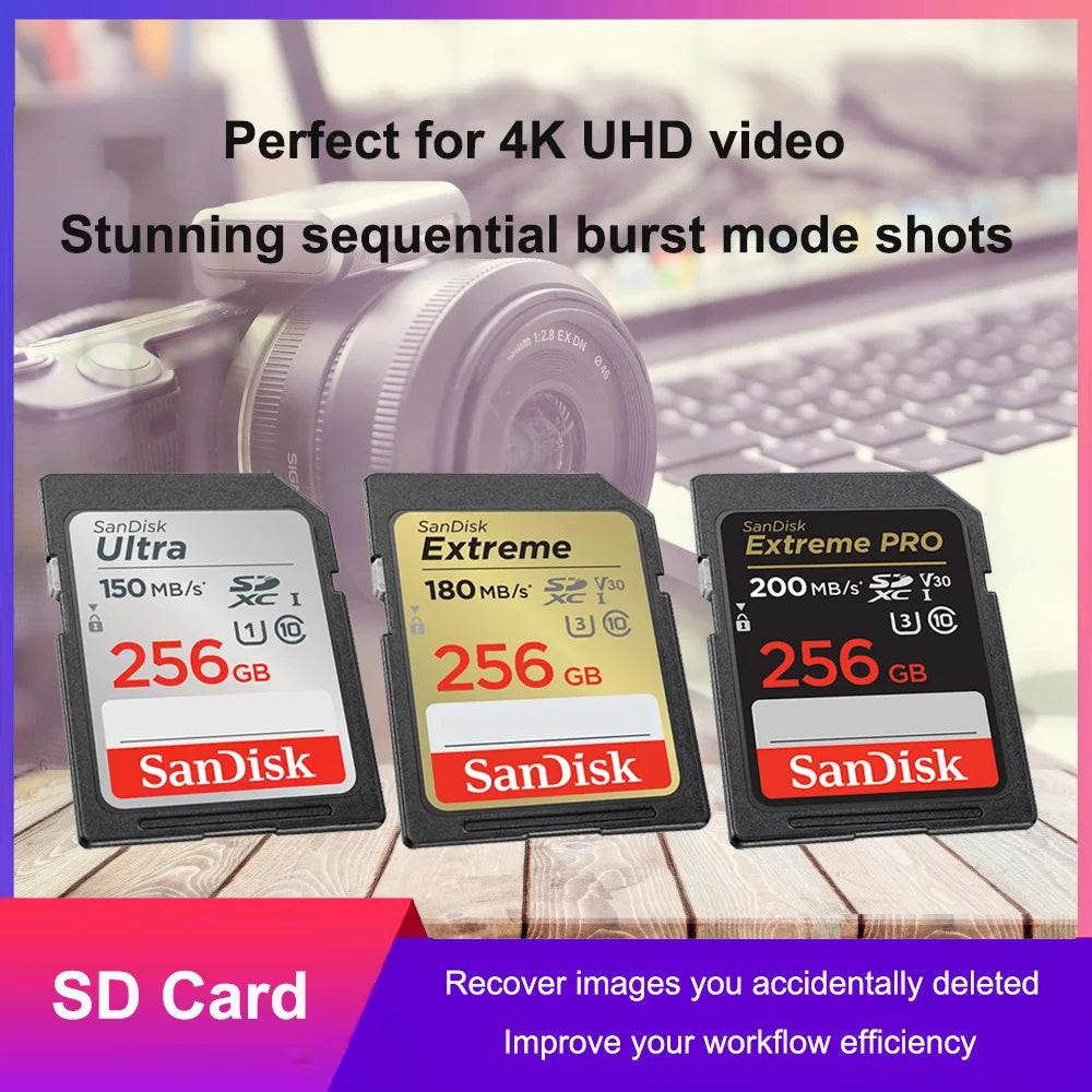 SanDisk SD Card 32GB SDHC 64GB 128GB 256G SDXC SD Card C10 Memory Cards Up to 200MB/s Read U3 V30 Flash Cards 4K UHD for Camera