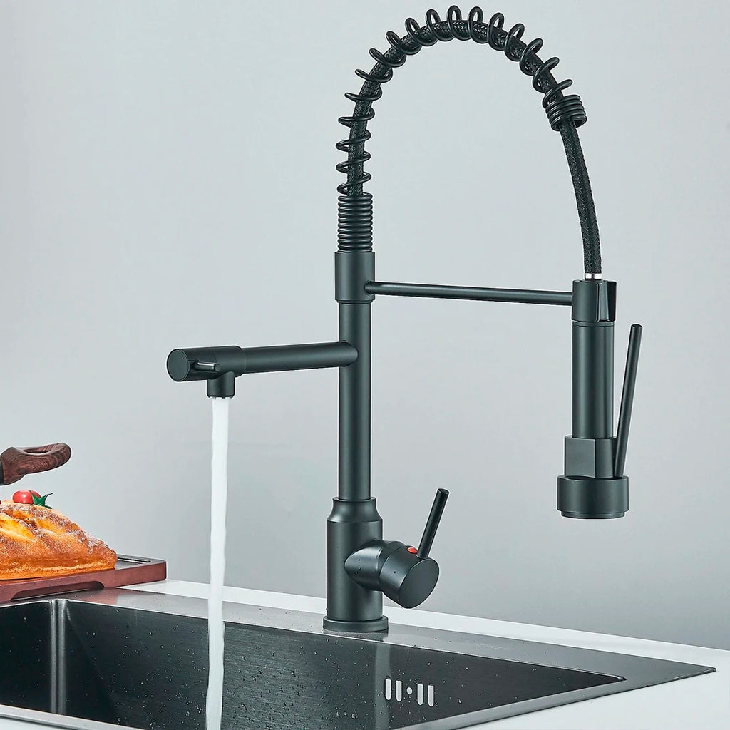 Kitchen Sink Faucet Pull Down Swivel Daul Spout Faucet Brass Deck Mounted Spring Single Handle Cold Hot Water Mixer Tap