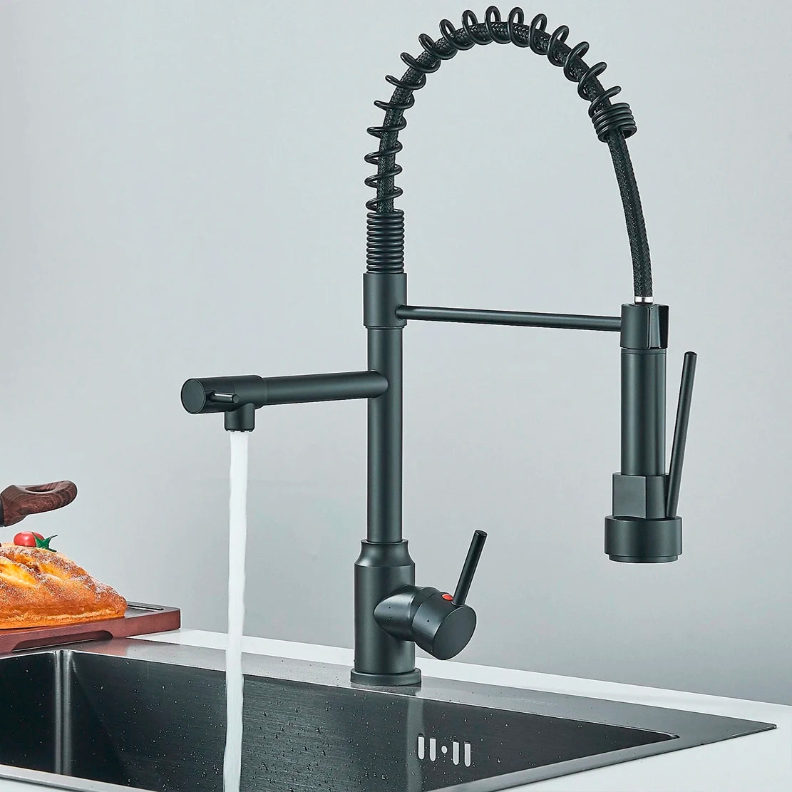 Kitchen Sink Faucet Pull Down Swivel Daul Spout Faucet Brass Deck Mounted Spring Single Handle Cold Hot Water Mixer Tap