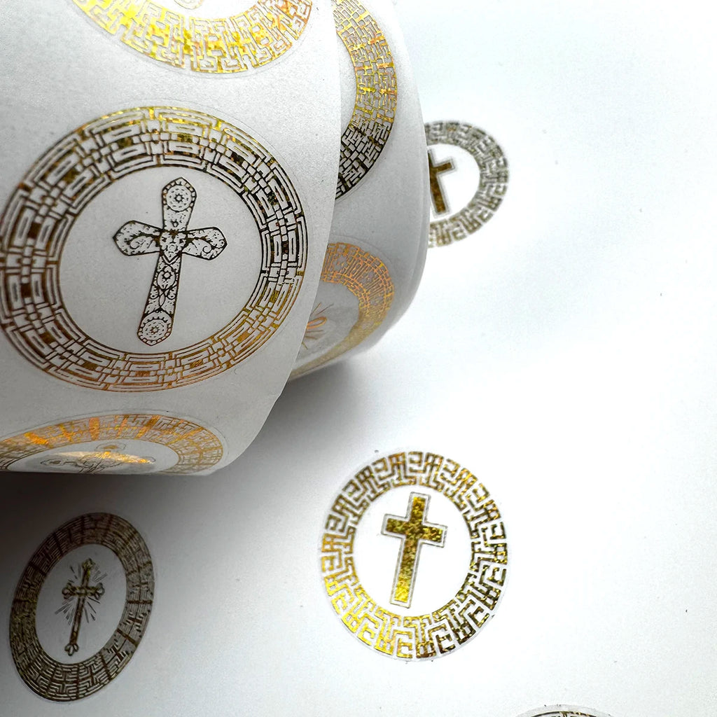 500 Pcs Foil Golden Cross Round Stickers Roll – Elegant Religious Decorative Seals for Scrapbooking, Journals, Planners