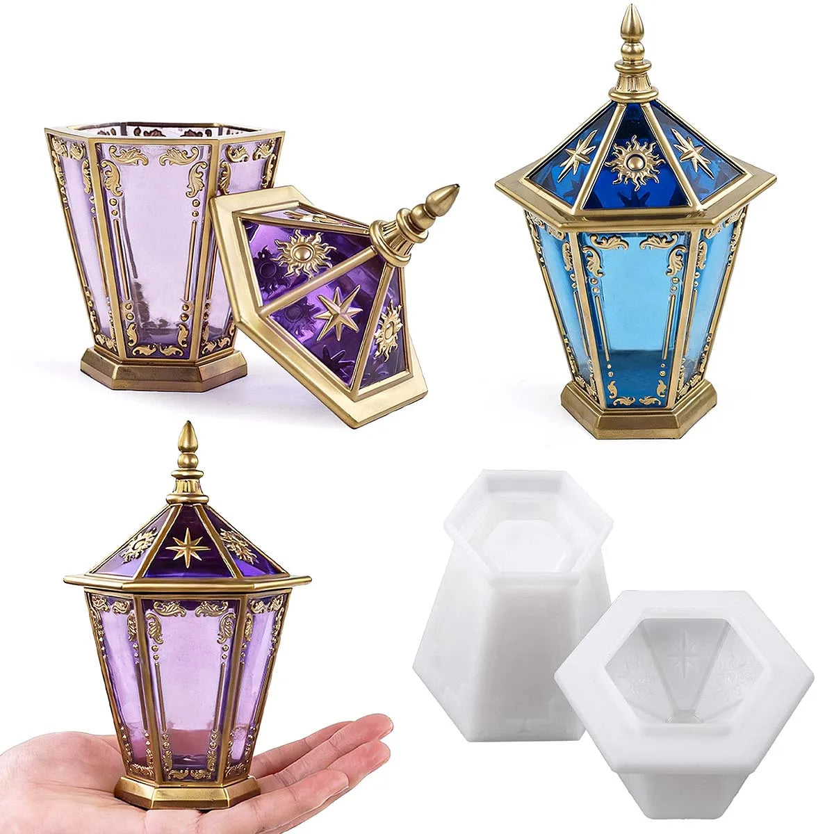 Eid Ornaments Candle Jar Silicone Mold DIY Hexagon Star Moon Relief Jewelry Storage Box Crafts Making Plaster Resin Clay Molds