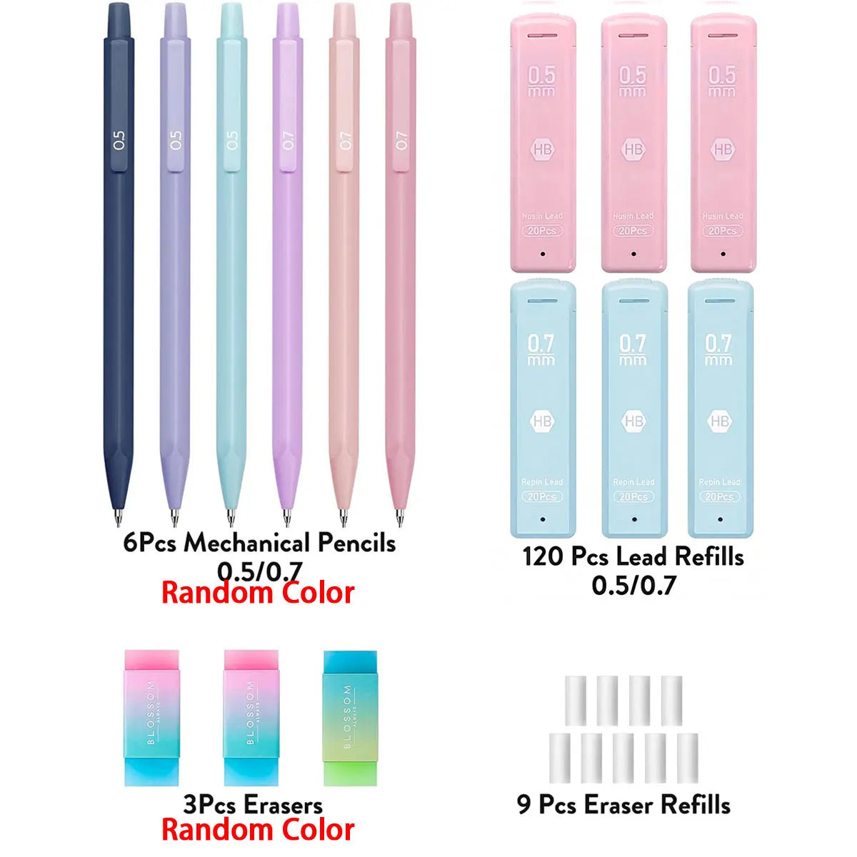 Cute Mechanical Pencil Set 6 Pastel Mechanical Pencils 0.5 0.7mm 120 HB Leads 3 Erasers 9 Eraser Refills Aesthetic School Supply