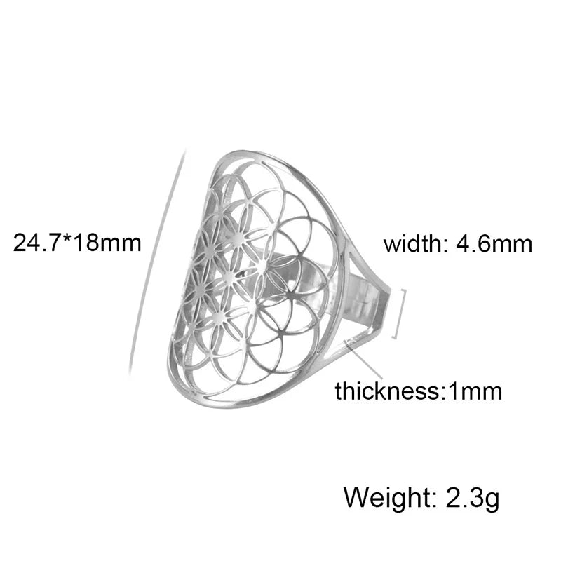 Stainless Steel Big Hollow Flower Of Life Ring Adjustable Sacred Geometry Rings For Women Men Jewelry