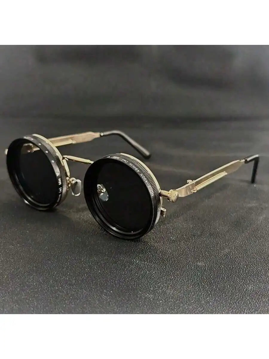 Men's Retro Spandex Style Rotating Sunglasses - Adjustable Brightness Steampunk Style Alloy Frame, Black And Gray Gradient Lenses, Travel And Fashion Accessories, Sunglasses, Party Sunglasses, Suitable For Bohemian Style Sung