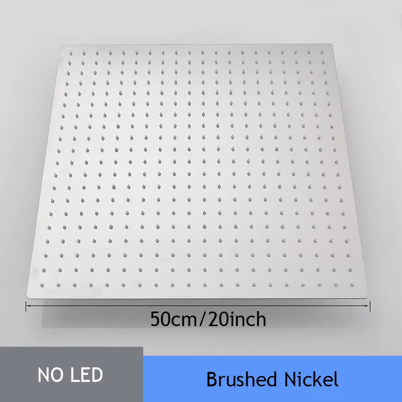 Black Rainfall Shower Head LED Light 20‘’ Large Rainfall Shower Faucet Head Square Brass Showerhead Color Changing Head