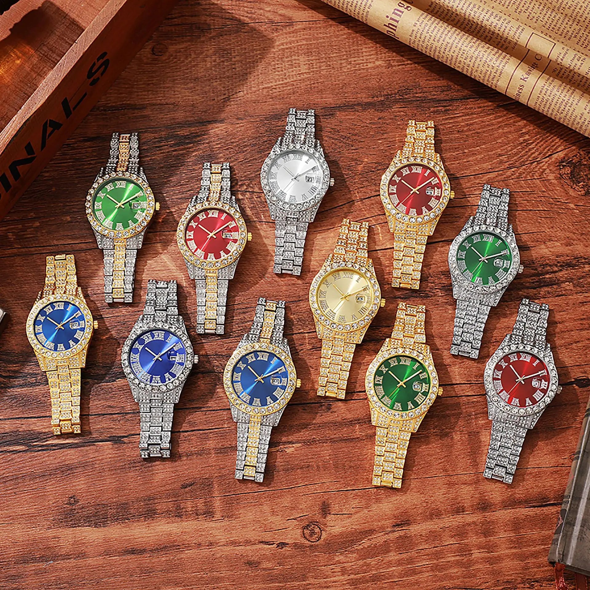 Stainless Steel Men's Watch Full Diamond Gold Quartz Watch Personality Hip-hop Feng Shui Ghost Roman Diamond Inlaid Men's Watch