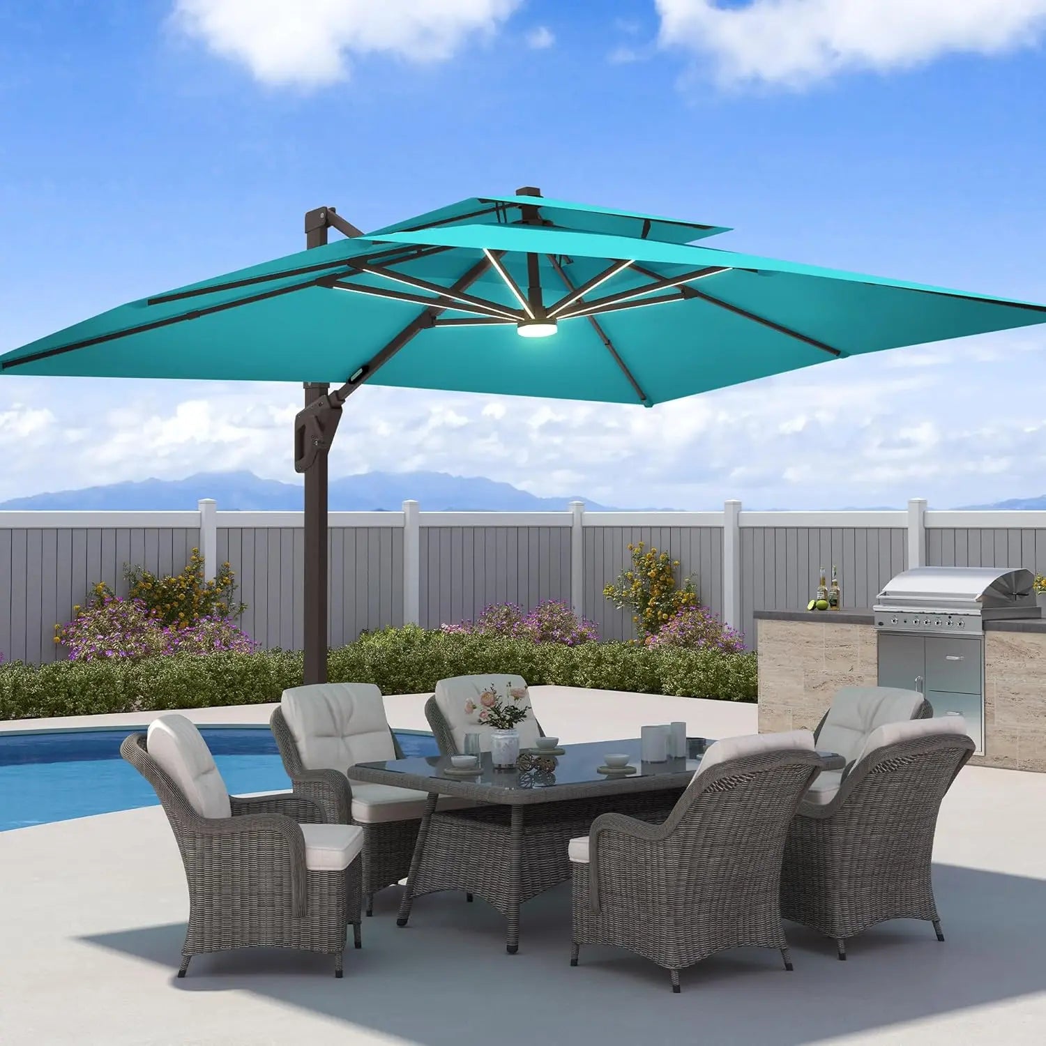 9x12 FT Patio Umbrella with LED Lights Cantilever Outdoor Large Heavy Duty Rectangle Aluminum Offset Umbrellas, Customized