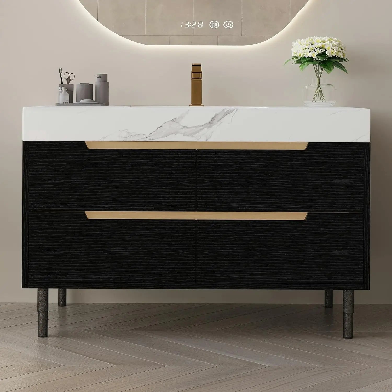 36" Modern Bathroom Vanity with Ceramic Sink – Sintered Stone Top, 4 Soft-Close Drawers, Sturdy Solid Wood Cabinet,, Customized