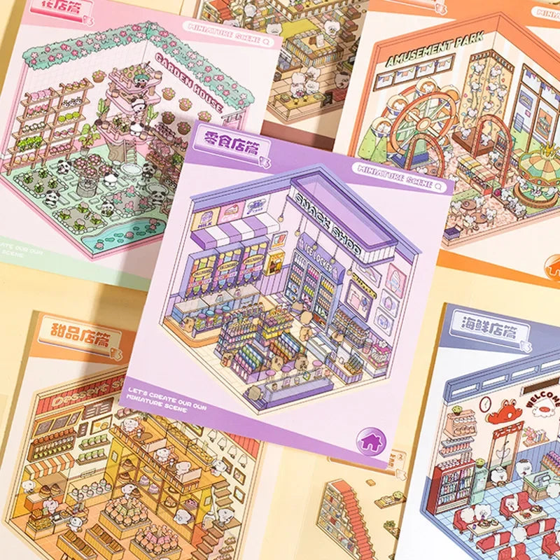 6Sences in 1 Book 2.5D Landscape Sticker Cartoon Cabin Scene DIY Sticker Stacking Pasting Festival Birthday Gift for Kid Child