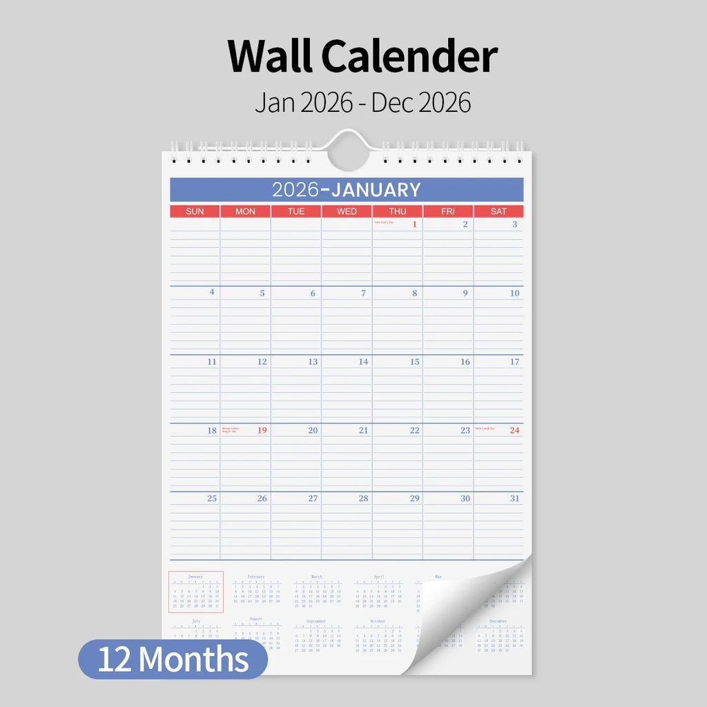 2026 A4 Wall Calendar Jan–Dec, Large Monthly Layout, Holiday Markings, Easy-Hang Spiral Design