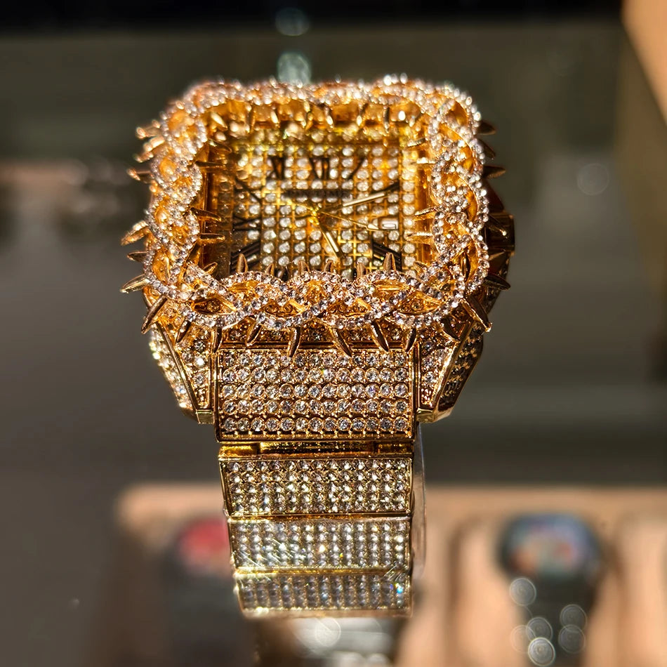Black Spiked Diamond Quartz Watch Hip Hop Bling Full Crystal Wristwatch Men's Punk Style Daily Wear Jewelry with Gift Box