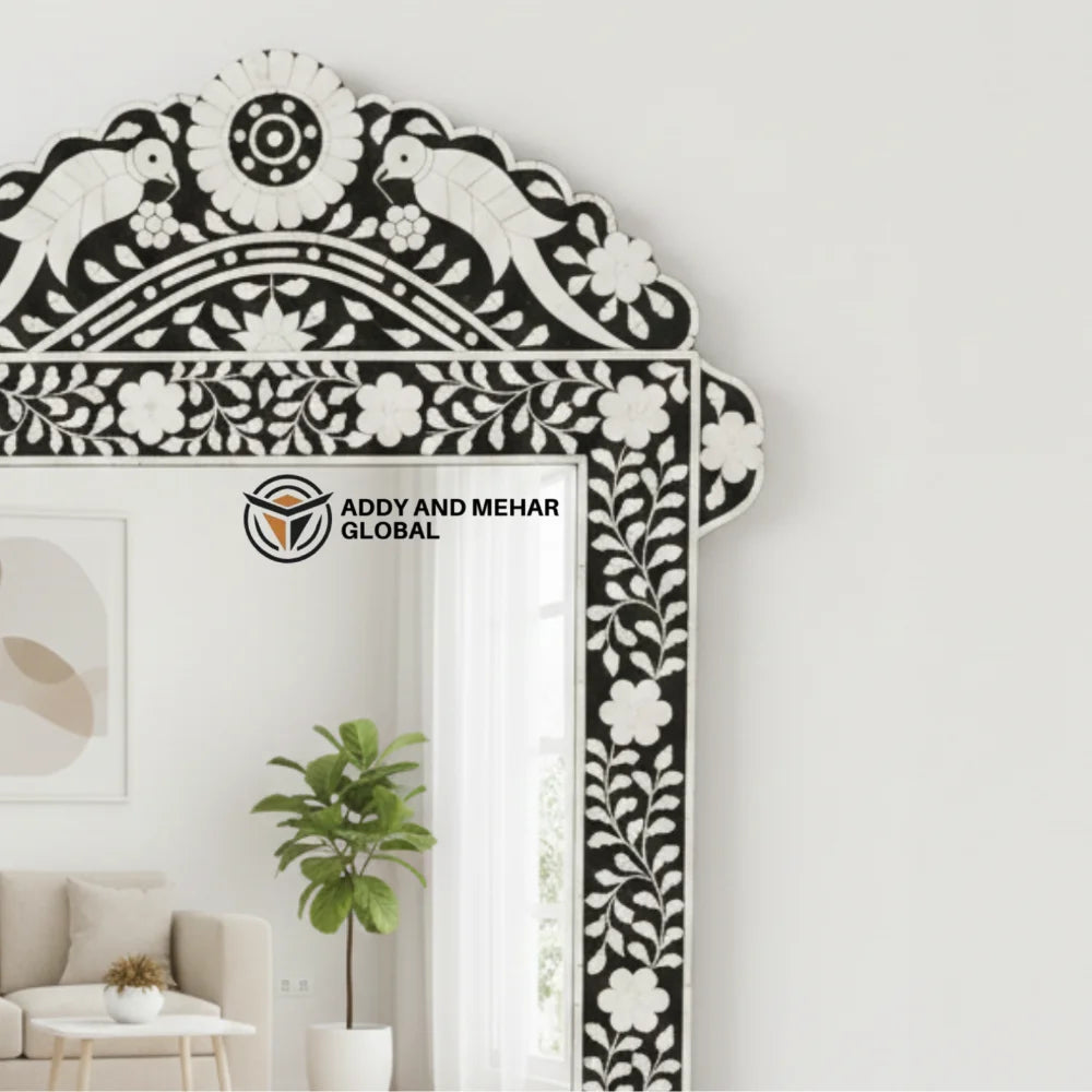 Black in White Bone Inlay Art Deco Eco-Friendly Wedding Wall Mirror Elegant Handcrafted Designer Mirror