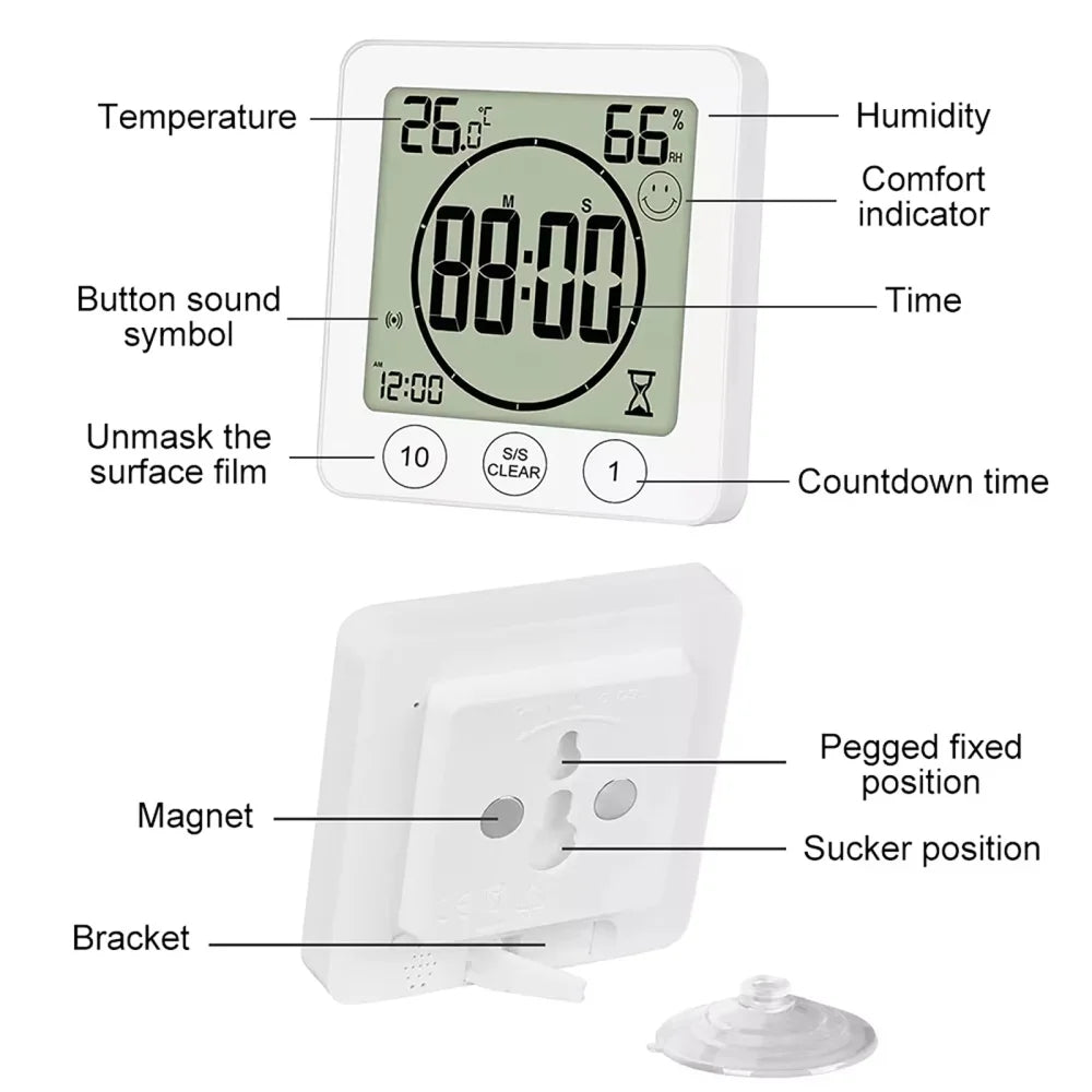 Waterproof Digital Bathroom Wall Clock Shower Timer For Water Spray LCD Digital Watch Temperature Humidity Clock For Shower Room