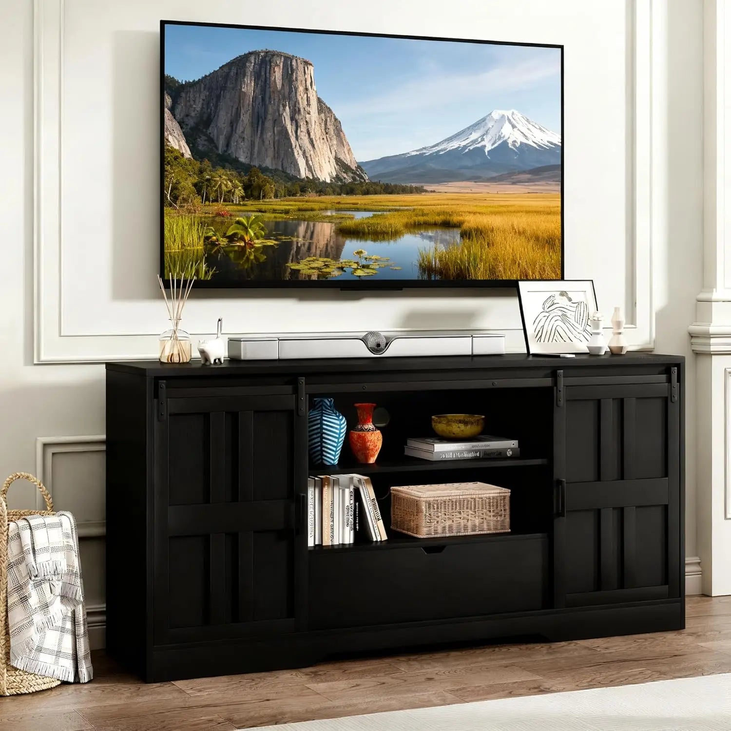 69" Fluted TV Stand Storage Console 3 Drawers & Doors Faux Marble Top Blue Customized