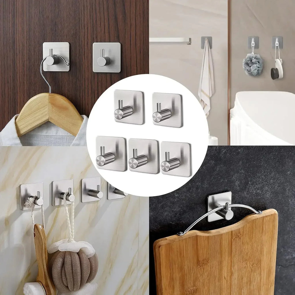 10/1PCS Self Adhesive Hook Heavy Duty Stainless Steel Wall Hooks Towel Clothes Rack Hangers Bathroom Kitchen Storage Holders