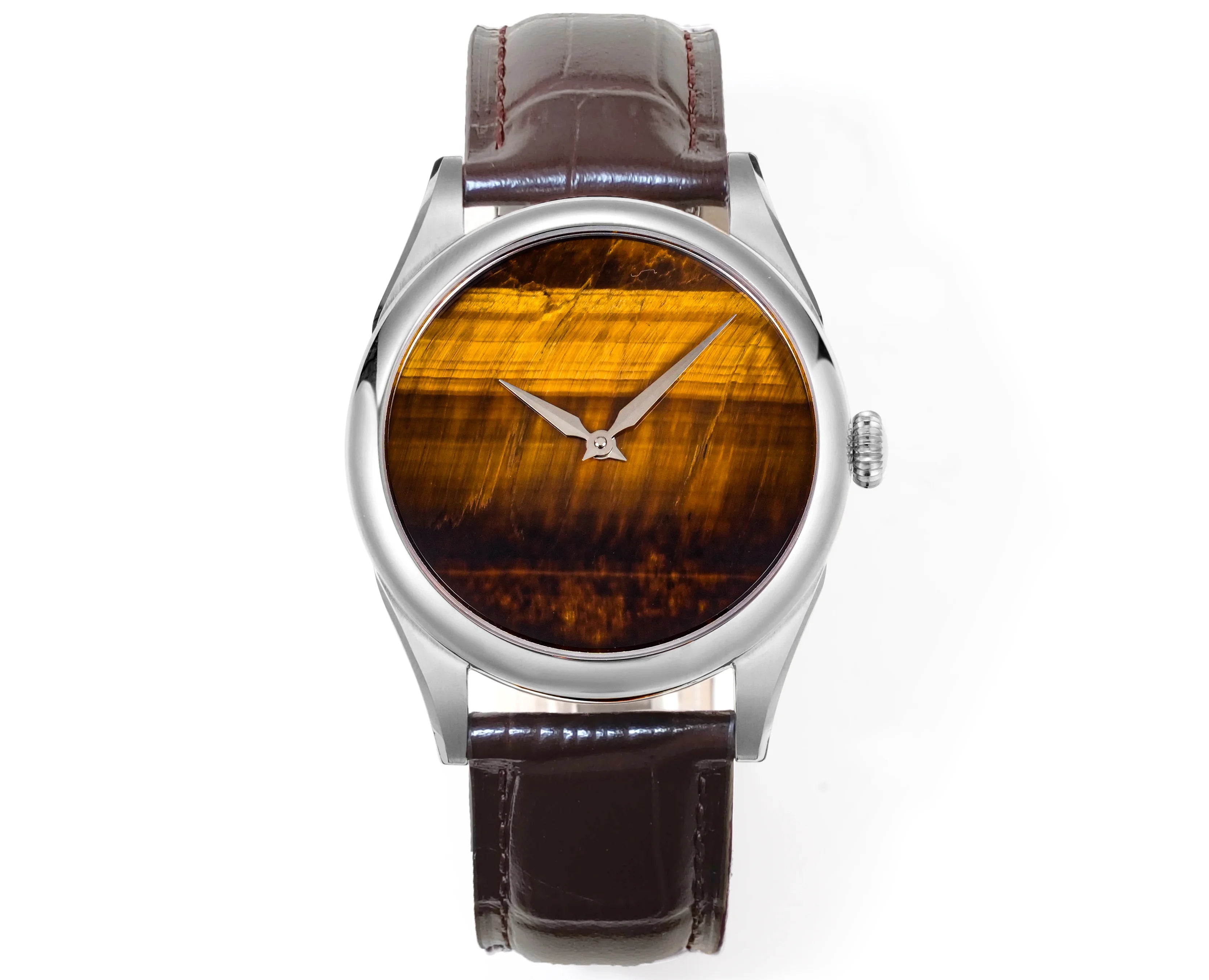 HUASUO New 38mm Business Men Watch Tiger Eye Stone Dial PT5000 Automatic Mechanical Gemstone Wristwatch Sapphire Waterproof 50M