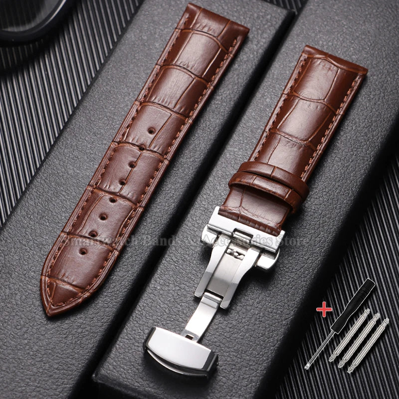 10/12/14/15/16/17/18/19/20/21/22/23/24mm Cowhide Leather Watch Strap Waterproof Sport Wrist Band Metal Butterfly Buckle Bracelet