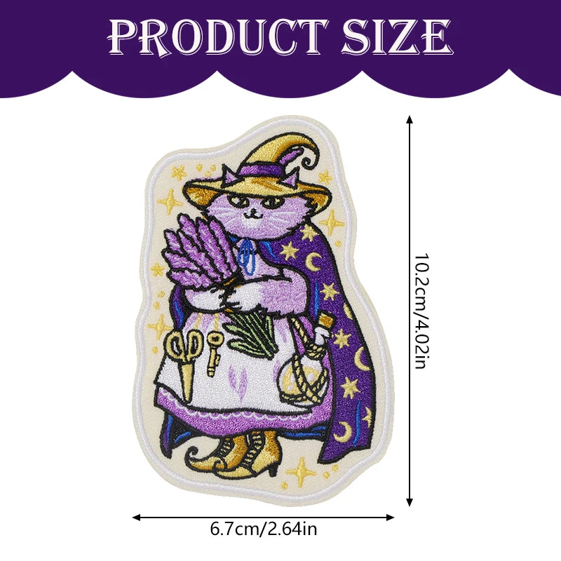 1PC Lavender Witch Cat Embroidered Patch Magic Funny Cartoon DIY Gift Sew Iron On Patches For Clothes Cap Bag Jacket Trucker Hat