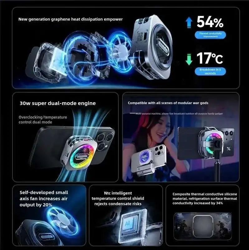 Redmagic Cooler 6 Pro Radiator Magnetic Fan Cooler 30W VC Liquid Cooling RGB LED AI Temperature Control For Tablet Mobile Phone