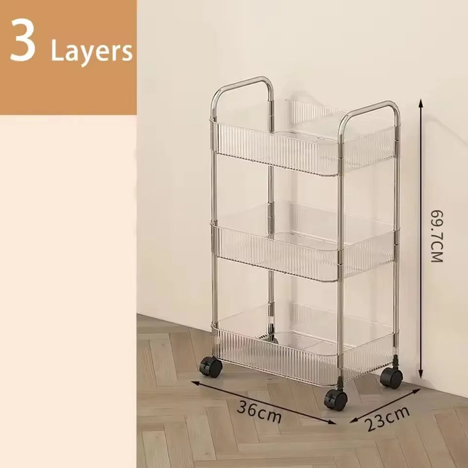 Multi-Layers Transparent Storage Rack with Wheels, Home Trolley Cart Suitable for Snacks Cosmetic Sundries and Kitchen Organizer