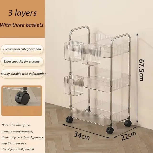 Multi-Layers Transparent Storage Rack with Wheels, Home Trolley Cart Suitable for Snacks Cosmetic Sundries and Kitchen Organizer