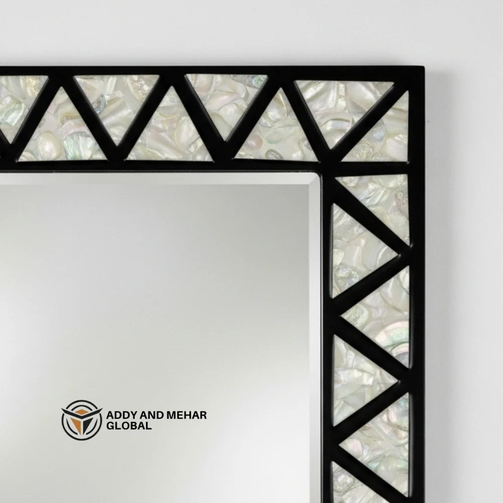 Luxury Square Mother of Pearl Inlay Art Deco Eco-Friendly Handmade Wall Mirror with Black Geometric Frame for Wedding Decor