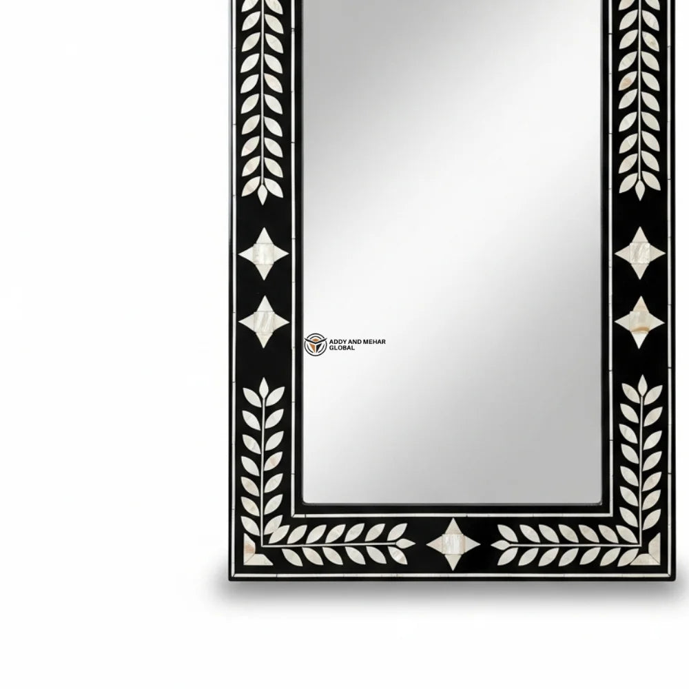 Handcrafted Black Square Art Deco Wall Mirror with Exquisite Mother of Pearl Laurel Inlay Geometric Detailing for Wedding Decor
