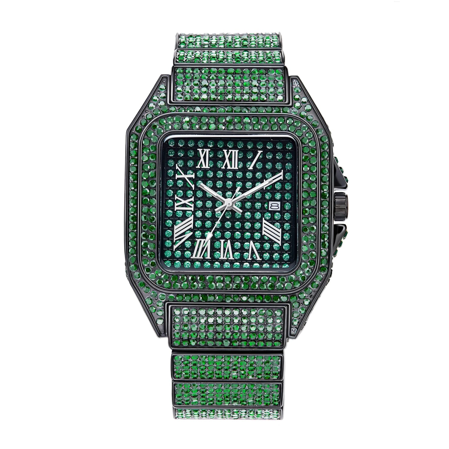 Black Spiked Diamond Quartz Watch Hip Hop Bling Full Crystal Wristwatch Men's Punk Style Daily Wear Jewelry with Gift Box