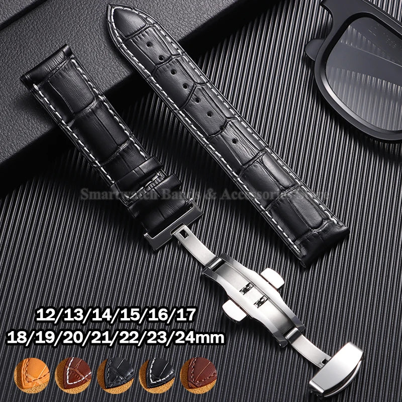 10/12/14/15/16/17/18/19/20/21/22/23/24mm Cowhide Leather Watch Strap Waterproof Sport Wrist Band Metal Butterfly Buckle Bracelet