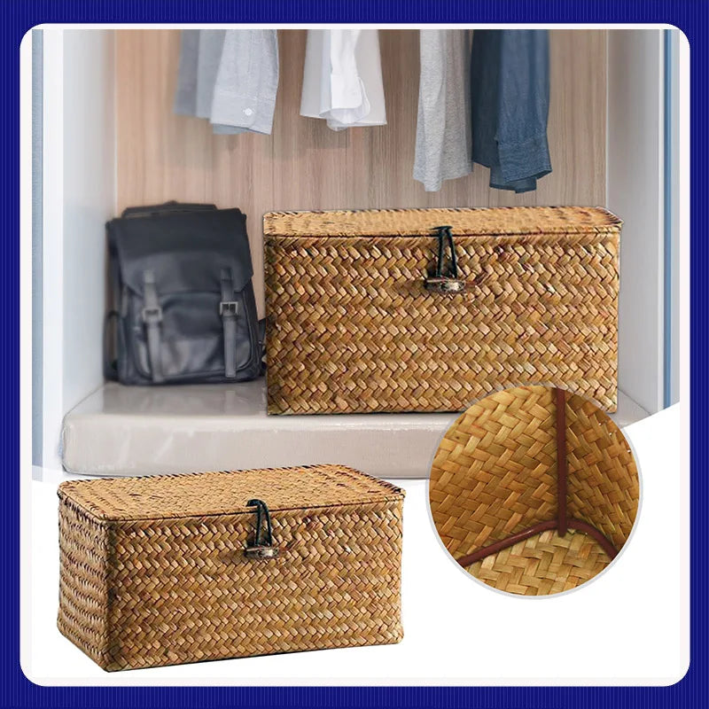 Wicker Storage Basket Woven Rattan Storage Laundry Basket With Lid Wooden Large Storage Box Home And Decoration Acceesories