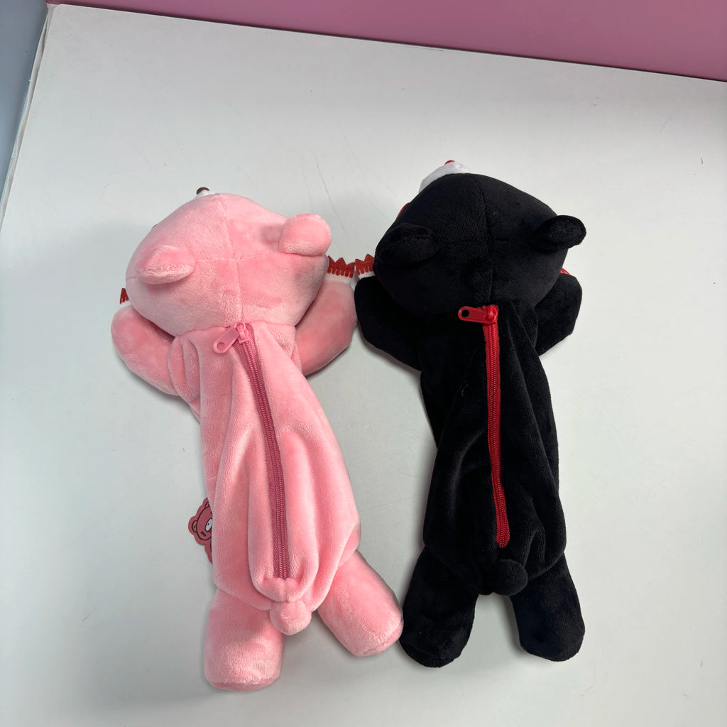 Cute Cartoon Bear Plush Pencil Case, Pink/Black Soft Stuffed Bear Pen Pouch, Creative Stationery Storage Bag for Students