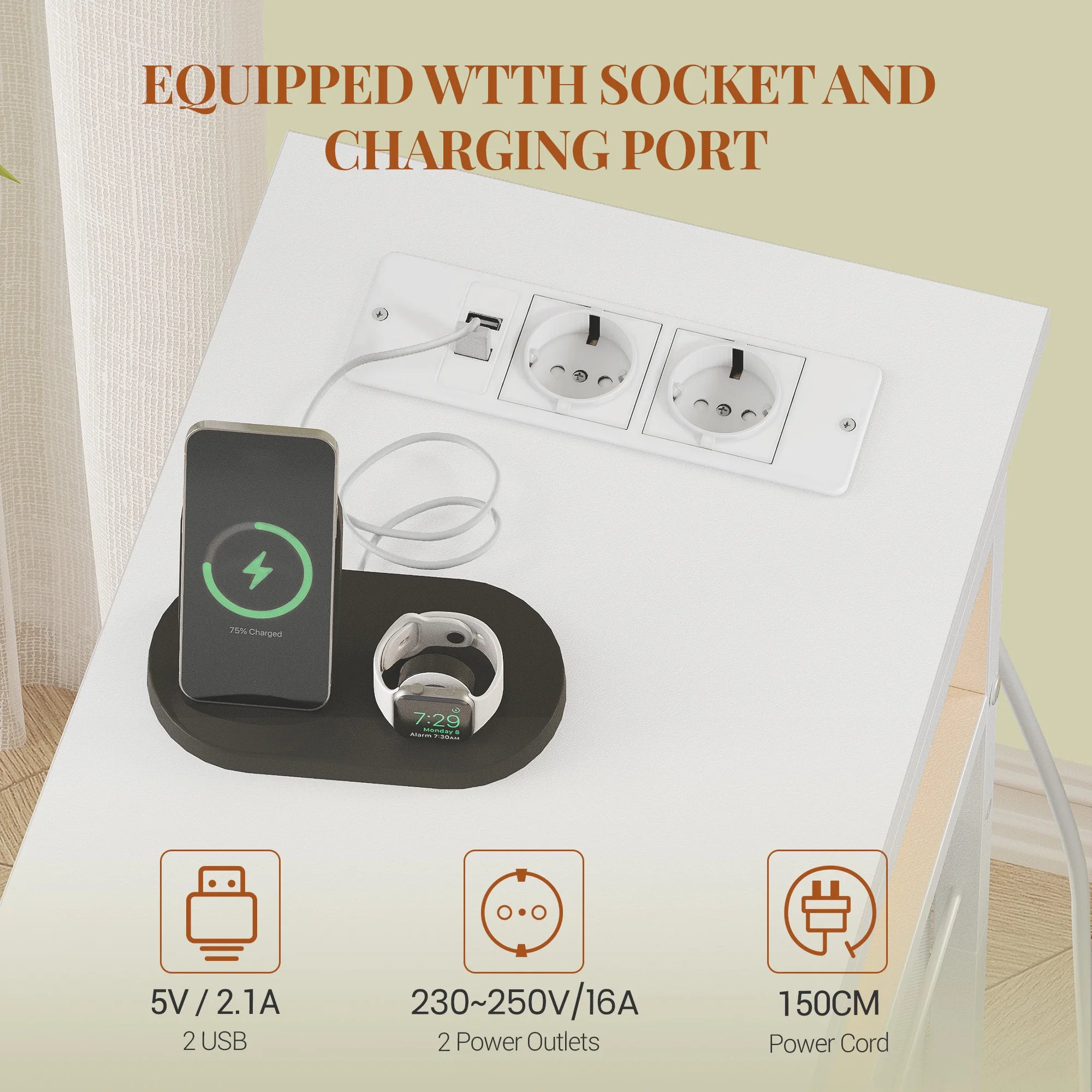 Side Table with Power Strip, Bedside Table with LED Light, Nightstand with 3 Drawers, 2 AC Outlets and 2 USB Ports