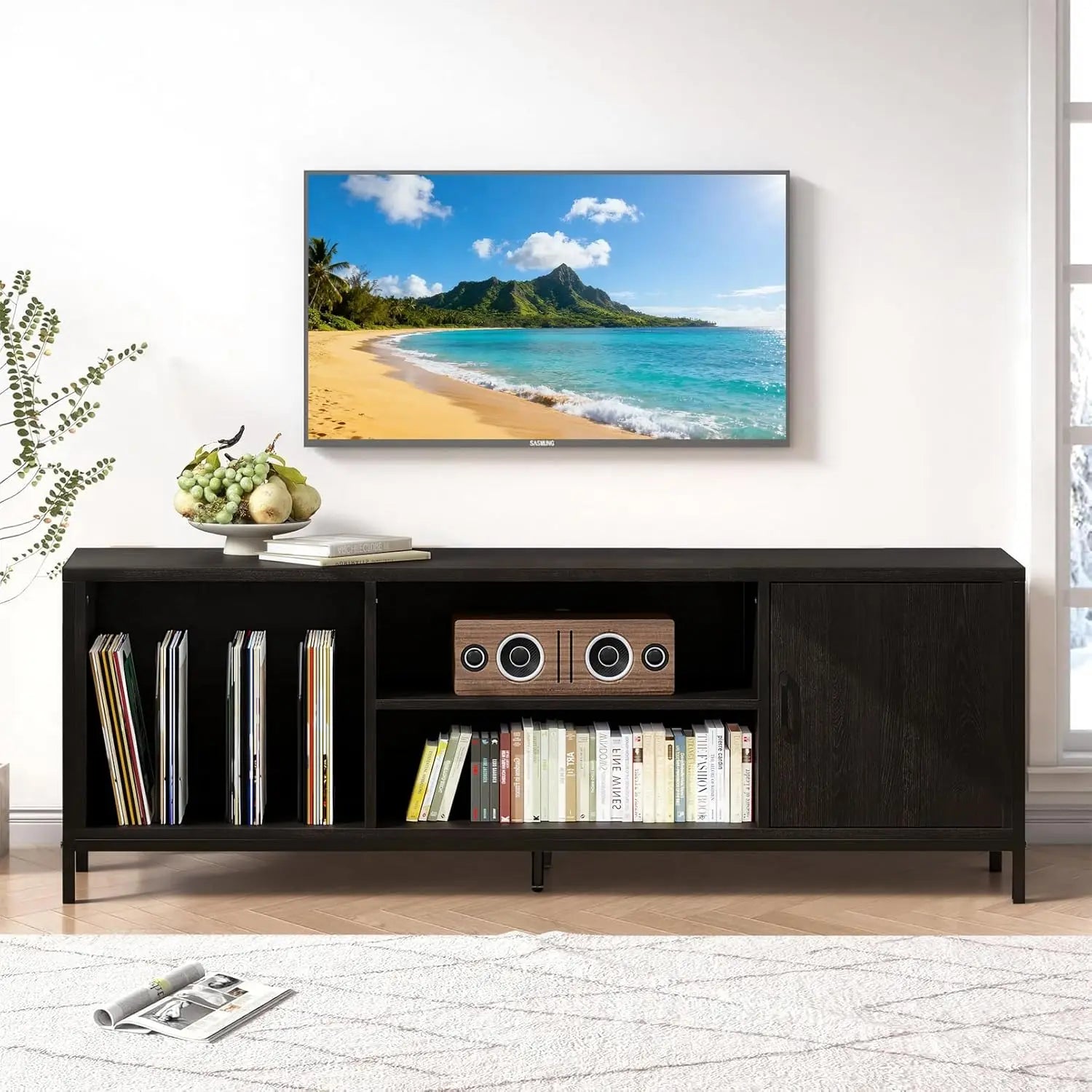 69" Fluted TV Stand Storage Console 3 Drawers & Doors Faux Marble Top Blue Customized