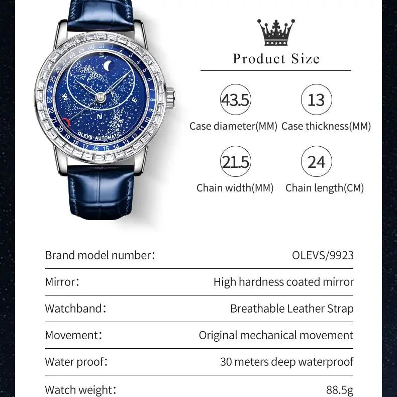 OLEVS Original Men's Automatic Mechanical Watch Fashion Business Leather Strap Luxury Diamond Starry Sky Moon Phase Men's Watch