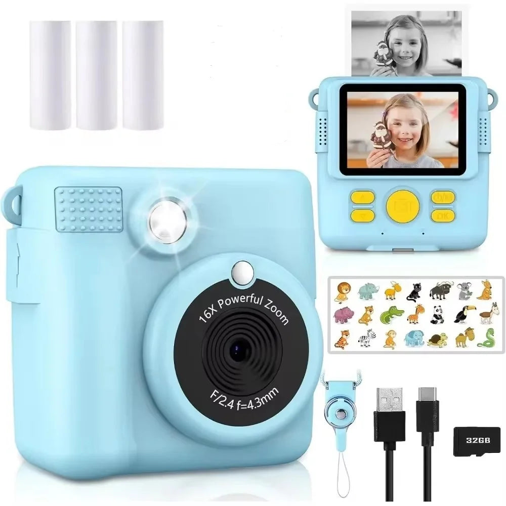 1080P Kids Camera Instant Print Portable Kids Camera with  32GB Card3 and Rolls Photo Paper , Perfect Gift for Toddlers