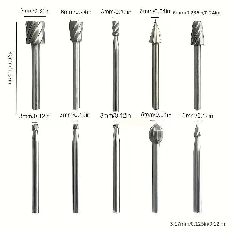 10Pcs Wood Grinding Files, High Hardness Rotary Burrs, Heat Treated Polishing Bits for Electric Grinder Deburring Drilling Trimm