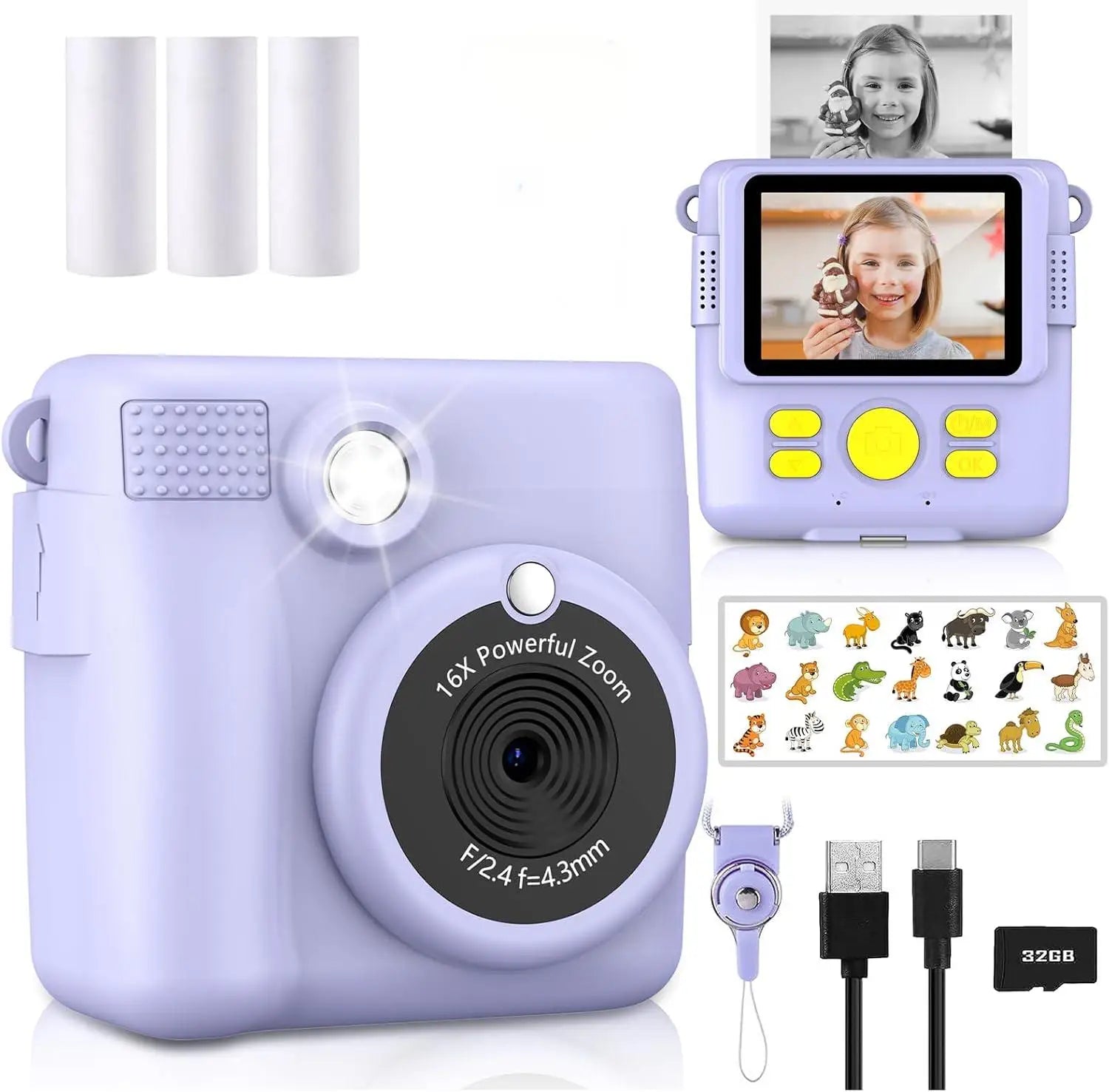 1080P Kids Camera Instant Print Portable Kids Camera with  32GB Card3 and Rolls Photo Paper , Perfect Gift for Toddlers