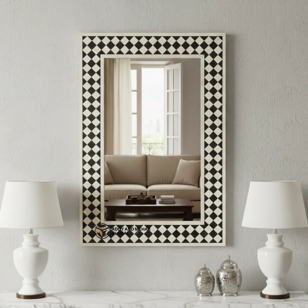 Handcrafted Black & White MDF Inlay Art Deco Eco-Friendly Decorative Geometric Pattern Square Wall Mirror