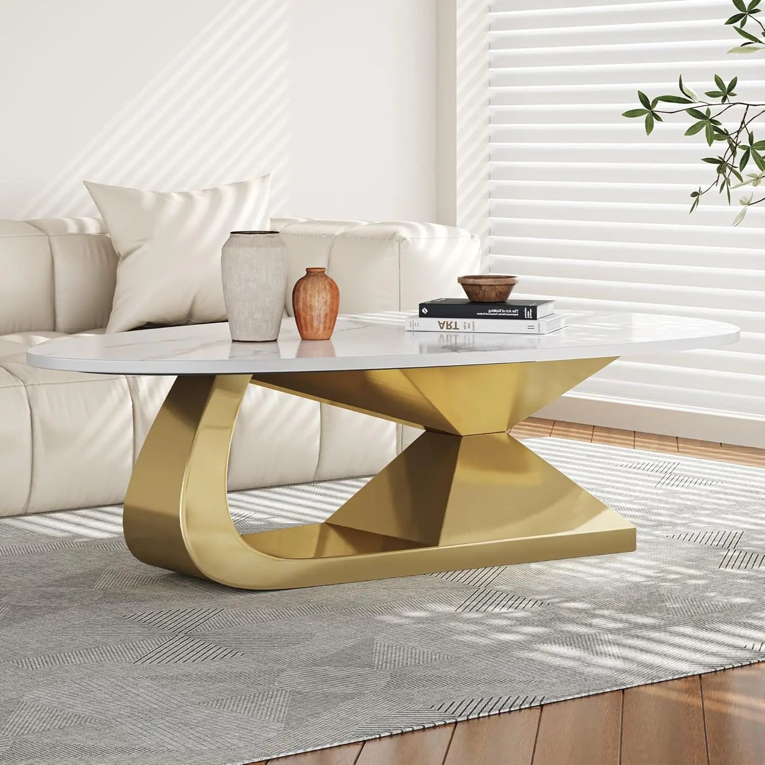 Modern Coffee Table with Silver Stainless Steel Pedestal,Oval Living Room Table with Faux Marble Top & Luxury, Customized