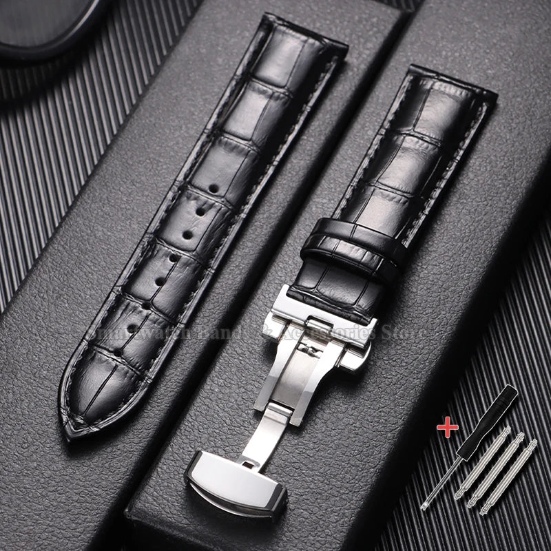 10/12/14/15/16/17/18/19/20/21/22/23/24mm Cowhide Leather Watch Strap Waterproof Sport Wrist Band Metal Butterfly Buckle Bracelet