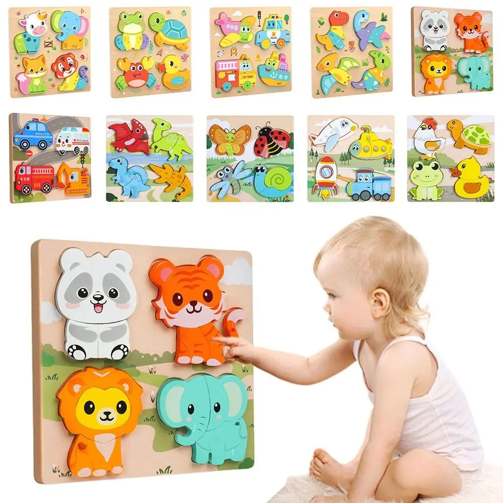 Multicolor Wooden 3D Puzzle Fruits Dinosaur Hand-eye Coordination Early Education Puzzle Cartoon Animal English Learning Puzzle