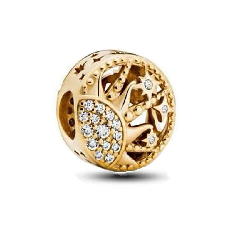 Gold Plated CZ Charms Fit Original Bracelet 925 Sterling Silver Core Heart Star Flower Dangle Beads Luxury DIY Jewelry Gift