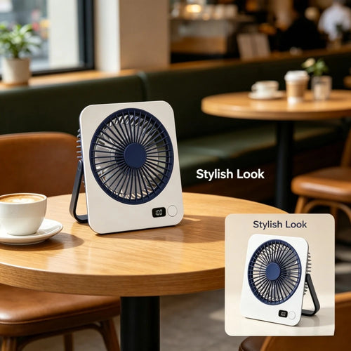 1pc rechargeable USB mini desktop fan, power display, 5-speed ultra quiet personal cooling fan, foldable handle portable fan, suitable for office, home, bedroom, travel, camping