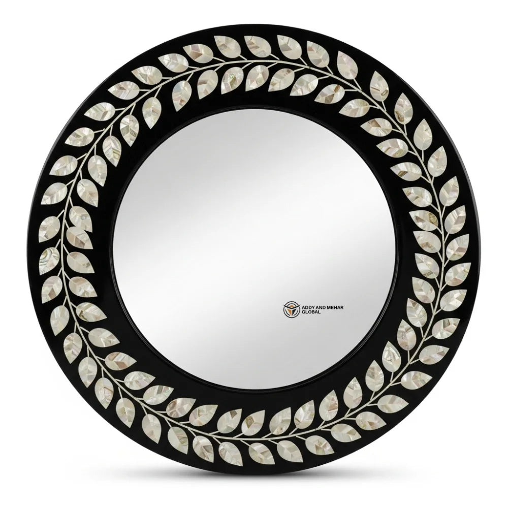 Elegant Square Art Deco Eco-Friendly Framed Accent Mirror Hand-Set Shell Leaf Motifs Contemporary Black Finish for Wedding Decor