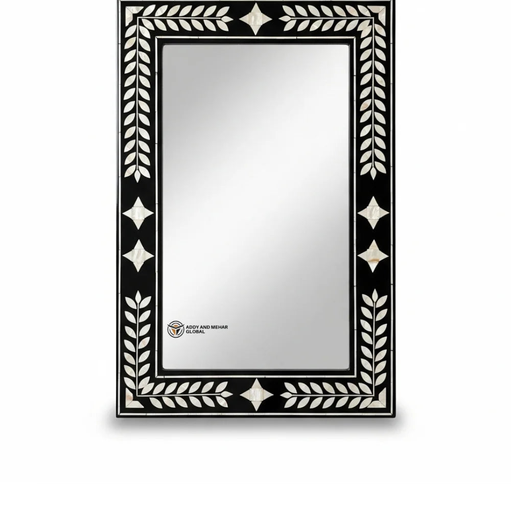 Handcrafted Art Deco Square Black Ivory Laurel Inlay Eco-Friendly Framed 5mm Thick Decorative Wall Mirror Geometric Star Accents