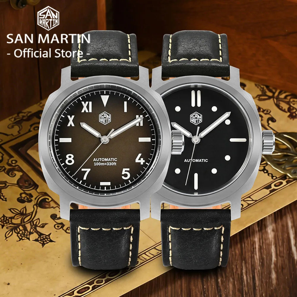 San Martin Men Watch 40mm YN55 Gradient Brown Dial Vintage Simple Automatic Mechanical 10 Bar BGW-9 Quick Release Leather Strap
